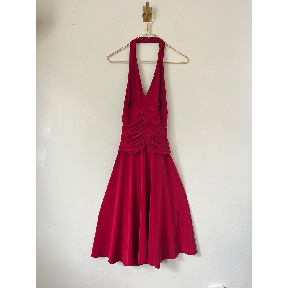 JS Boutique Y2K Jersey Couture Red Halter Ruched Cocktail mini Dress Size 14
